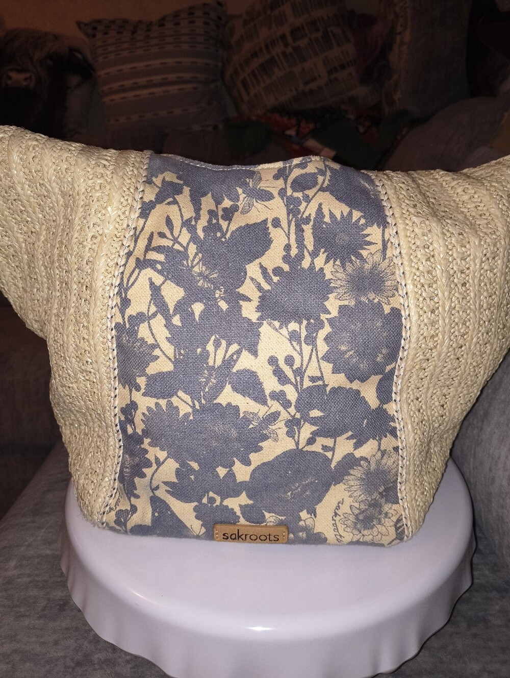Sakroots Women’s Beige & Blue Floral Straw Tote